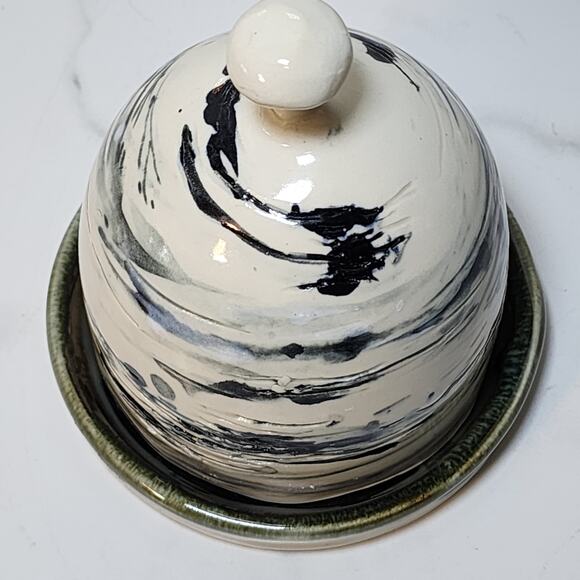Studio Pottery Butter Dish Artist Signed Black Swirl Ceramic Modern Decor - Picture 4 of 9